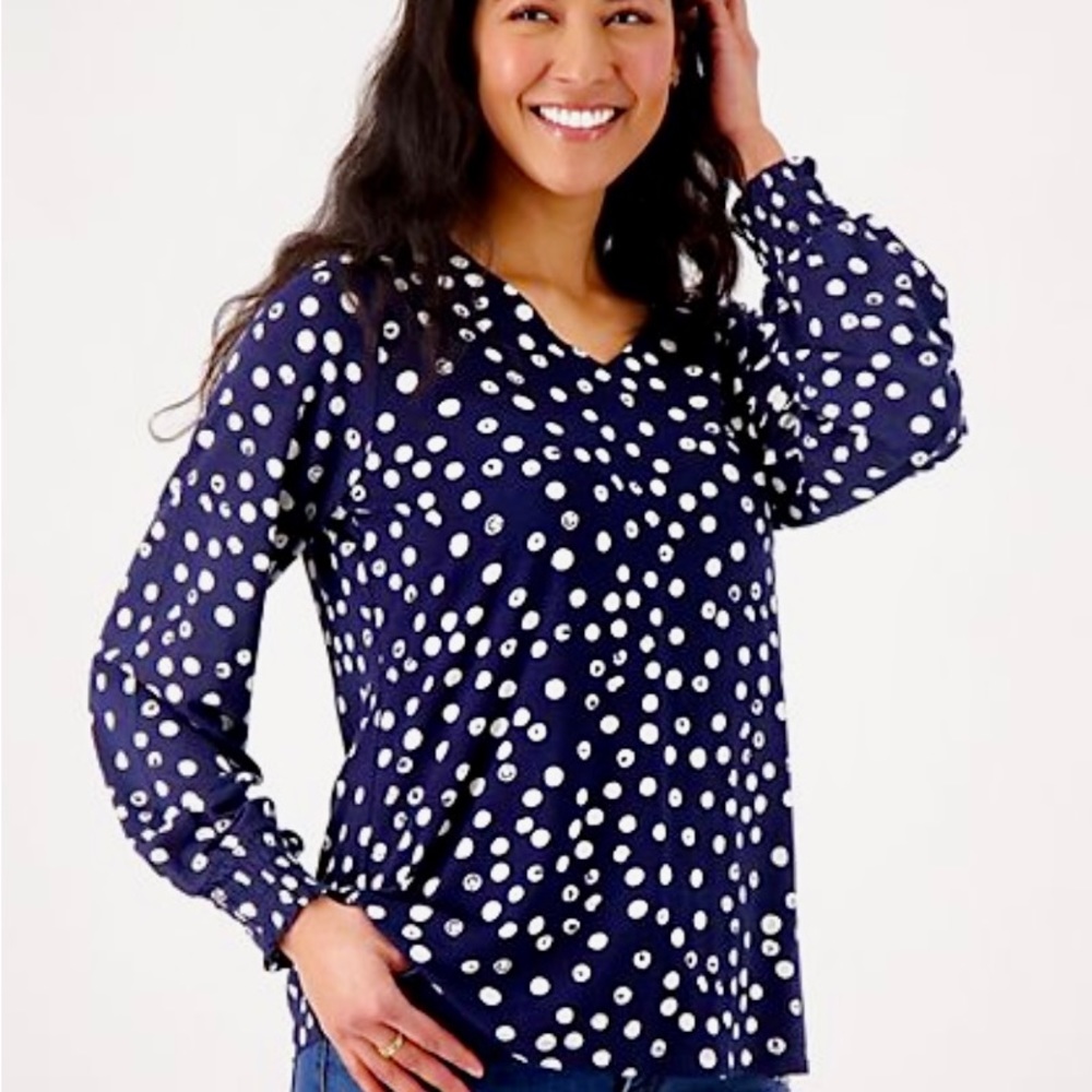 Belle By Kim Gravel Navy Dot V-Neck Top